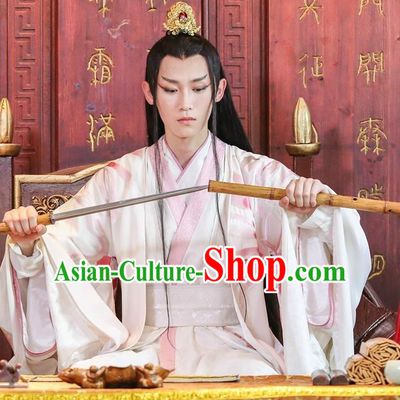 Chinese Ancient Prince Murong li White Hanfu Robe Drama Men with Sword Costumes and Hair Accessories for Men