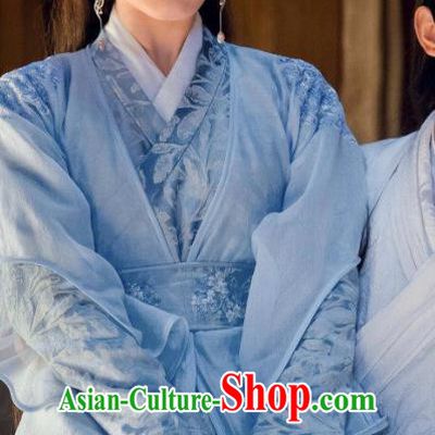 Chinese Ancient Blue Hanfu Dress and Hair Accessories Historical Drama Love of Thousand Years Across Swordswoman Tan Chuan Costumes