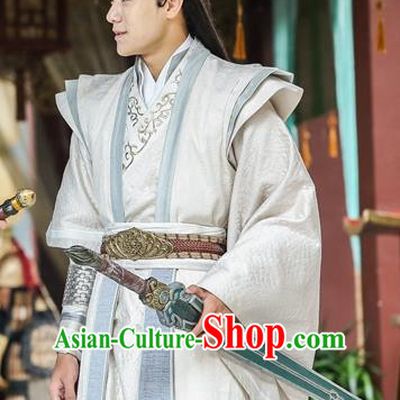 Drama Men with Sword Chinese Ancient Swordsman Costume and Headpiece Complete Set