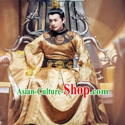 Chinese Ancient Emperor Golden Imperial Robe and Golden Hair Crown Drama Tang Dynasty Tour Li Shimin Costumes