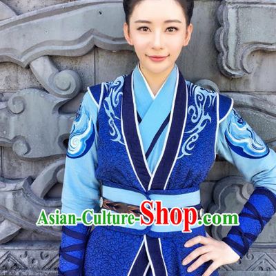 Chinese Ancient Female Swordsman Costume Historical Drama The Taosim Crandmaster Liu Xiang Blue Hanfu Dress and Headwear