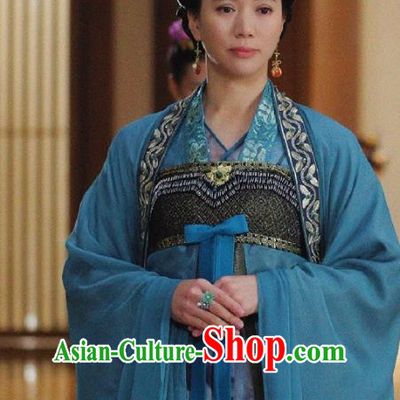 Chinese Ancient Court Empress Historical Costumes and Headwear Drama Tang Dynasty Tour Queen Zhangsun Blue Hanfu Dress