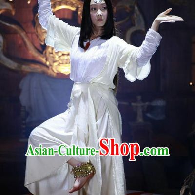 Chinese Ancient Dance Girl Historical Costumes and Headpiece Drama Legend of Southwest Dance and Music Lanma Shandi White Dresses
