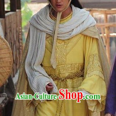 Chinese Ancient Prince of Piao Kingdom Yellow Clothing and Bamboo Hat Drama Legend of Southwest Dance and Music Shu Nantuo Costumes