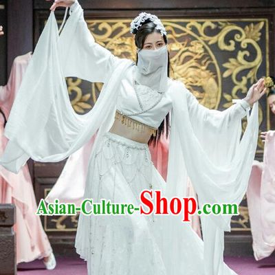 Chinese Ancient Dance Girl Historical Costumes Drama The Romance of Hua Rong White Hanfu Dress and Hair Jewelries