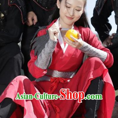 Chinese Ancient Female Knight Historical Costumes Drama Oh My Emperor Swordswoman Chu Shengnan Red Hanfu Dress and Headpieces