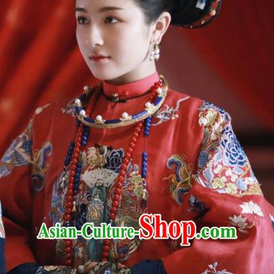 Chinese Ancient Garment Manchu Princess Consort Wedding Qipao Dress and Hair Jewelries Drama Dreaming Back to the Qing Dynasty Ming Wei Red Garment