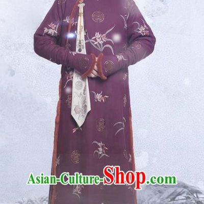 Chinese Ancient Garment Manchu Rani Apparels Purple Qipao Dress and Hair Jewelries Drama Dreaming Back to the Qing Dynasty Costumes