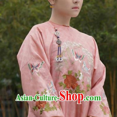 Chinese Ancient Garment Manchu Lady Pink Qipao Dress and Headwear Drama Dreaming Back to the Qing Dynasty Court Maid Ming Wei Apparels Costumes