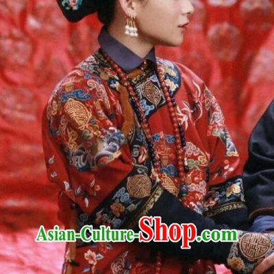 Chinese Ancient Wedding Garment Manchu Red Qipao Dress and Headwear Drama Dreaming Back to the Qing Dynasty Court Rani Apparels Costumes