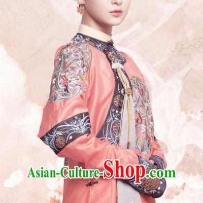 Chinese Ancient Garment Manchu Court Lady Apparels Pink Qipao Dress and Hair Jewelries Drama Dreaming Back to the Qing Dynasty Fourteen Rani Ming Hui Costumes