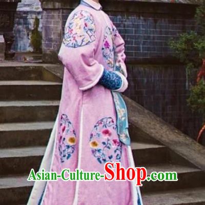 Chinese Ancient Dame Garment Manchu Pink Qipao Dress and Headwear Drama Dreaming Back to the Qing Dynasty Fourth Rani Apparels Costumes