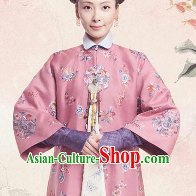 Chinese Ancient Royal Dame Garment Court Manchu Pink Qipao Dress and Headpieces Drama Dreaming Back to the Qing Dynasty Fourth Princess Consort Apparels Costumes