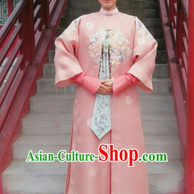 Chinese Ancient Royal Rani Garment Court Manchu Pink Qipao Dress and Headpieces Drama Dreaming Back to the Qing Dynasty Fourth Princess Consort Apparels Costumes