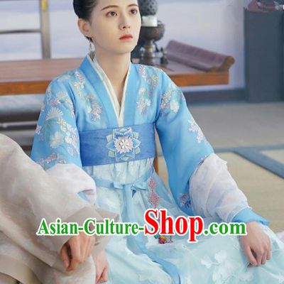 Chinese Ancient Princess Blue Dress Apparels and Hairpins Drama To Get Her Court Lady Lin Zhengzheng Costumes Garment