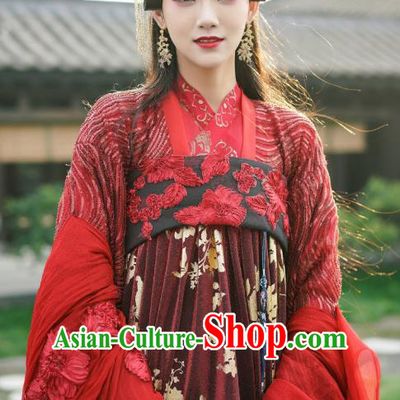 Chinese Ancient Foreign Princess Red Hanfu Dress and Hairpins Drama To Get Her Court Lady Murong Xianyue Apparels Garment Costumes