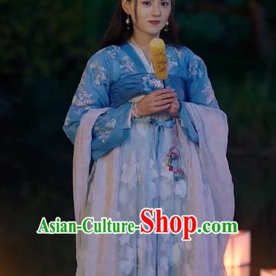 Chinese Ancient Princess Apparels Garment Blue Hanfu Dress Drama To Get Her Rani Lin Zhengzheng Costumes and Headwear