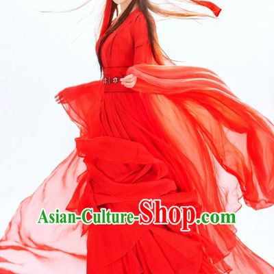 Chinese Ancient Swordswoman Red Garment Wuxia Drama The King of Blaze Apparels Dress and Headwears Qian Mei Costumes