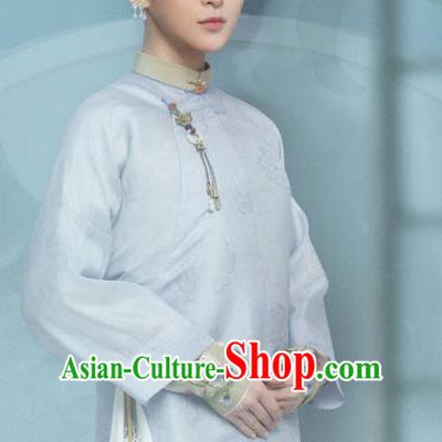 Chinese Ancient Garment Manchu Lady Apparels Blue Qipao Dress and Hair Jewelries Drama Dreaming Back to the Qing Dynasty Ming Hui Costumes