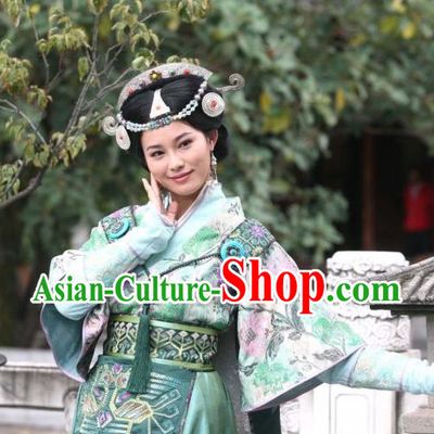Chinese Ancient Consort Apparels and Headpieces Drama Turbulence of the Mu Clan Costumes Nuo Lan Green Hanfu Dress Garment