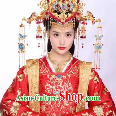 Chinese Ancient Apparels Wedding Garment and Phoenix Coronet Wuxia Drama The King of Blaze Princess Li Ying Red Dress Costumes