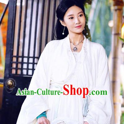 Chinese Ancient White Apparels Garment Costumes and Headwear Wuxia Drama The Lost Swordship Swordswoman Sun Min Dress