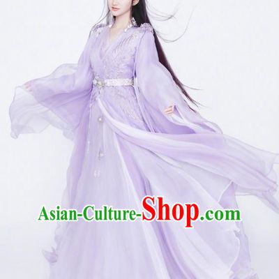 Chinese Ancient Fairy Apparels Garment and Hair Accessories Wuxia Drama The King of Blaze Apparels Qian Mei Purple Dress Costumes