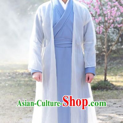 Chinese Ancient Swordsman Blue Garment Costumes and Headpiece Drama I am A Pet At Dali Temple Official Qing Moyan Apparels