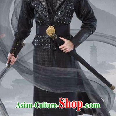 Chinese Ancient Black Garment Costumes and Headpiece Drama I am A Pet At Dali Temple Swordsman Qing Moyan Hanfu Apparels