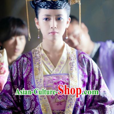 Chinese Ancient Palace Lady Garment Costumes and Headdress Drama The World of Love Princess Du Siyu Purple Dress