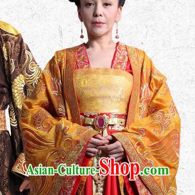 Chinese Ancient Palace Queen Garment Costumes and Phoenix Coronet Drama The World of Love Empress Golden Hanfu Dress