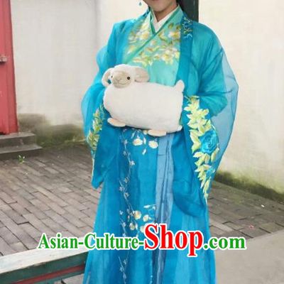 Chinese Ancient Garment Ming Dynasty Blue Dress Costumes and Headpieces Drama Legend of the Concubinage Noble Lady Song Qing Apparels