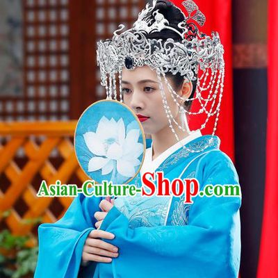 Chinese Ancient Bride Apparels Costumes and Headdress Drama The Starry Night The Starry Sea Noble Lady Lu Li Blue Dress Garment