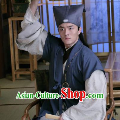 Chinese Ancient Song Dynasty Scholar Clothing and Hat Drama Kai Feng Qi Tan Gongsun Ce Garment Adviser Apparels