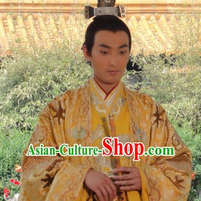 Chinese Ancient Emperor Garment Clothing and Headpieces Drama The Empress Ling Xuan Golden Imperial Robe Apparels