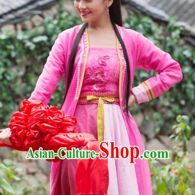 Chinese Ancient Village Girl Rosy Dress Apparels Costumes and Headpieces Drama Earth Smoke Sparkle Kitchen Hua Erqiao Garment
