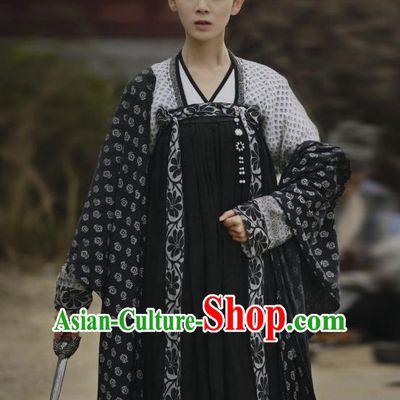 Chinese Ancient Tang Dynasty Black Hanfu Dress Apparels Costumes and Headpieces Drama Wu Xin The Monster Killer Court Maid Liu Qingluan Garment