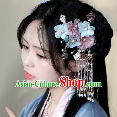 Chinese Ancient Hair Jewelry Accessories Silk Flowers Tassel Hairpins Headwear Headdress for Women