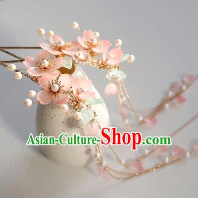 Chinese Ancient Hair Jewelry Pink Sakura Tassel Hairpins Headwear Accessories Headdress for Women