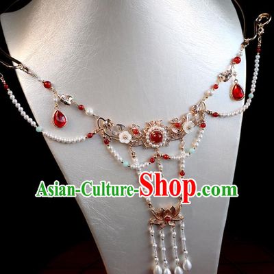 Chinese Ancient Hanfu Beads Tassel Necklace Women Jewelry Ming Dynasty Red Crystal Necklet Accessories