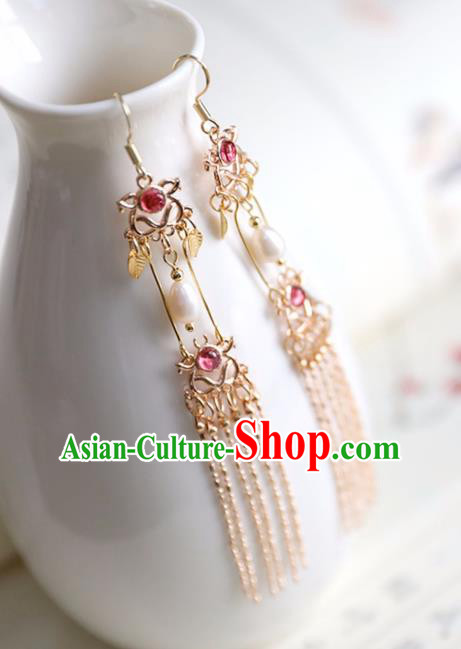 Chinese Ancient Hanfu Garnet Earrings Women Jewelry Ming Dynasty Golden Tassel Ear Accessories Chinese Ancient Hanfu Garnet Earrings Women Jewelry Ming Dynasty Golden Tassel Ear Accessories