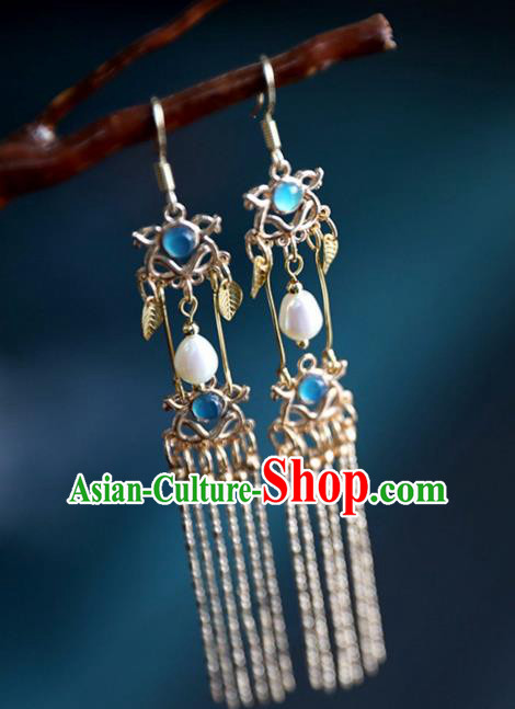 Chinese Ancient Hanfu Blue Crystal Earrings Women Jewelry Ming Dynasty Tassel Ear Accessories