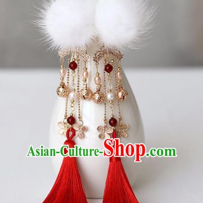 Chinese Ancient Hanfu White Venonat Hair Claws Hairpin Women Pearls Hair Accessories Red Tassel Hair Stick Headwear