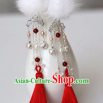 Chinese Ancient Hanfu White Venonat Pearls Hair Claws Hairpin Women Hair Accessories Red Tassel Hair Stick Headwear