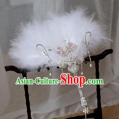 Chinese Ancient Feather Fan Women Accessories Pearls Tassel Fan