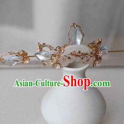 Chinese Ancient Hanfu Blue Crystal Golden Hair Crown Women Headwear Hairpin Jade Hair Accessories