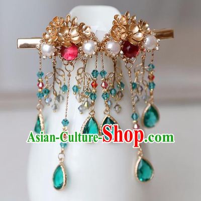 Chinese Ancient Green Crystal Golden Hair Claws Women Headwear Hairpin Hanfu Hair Accessories Tassel Hair Sticks
