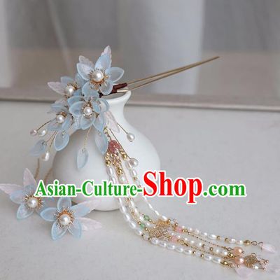 Chinese Ancient Women Blue Flowers Hair Clip Headwear Pearls Tassel Hairpin Hanfu Hair Accessories