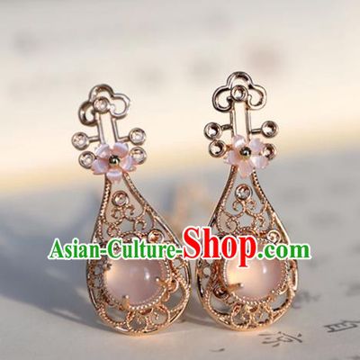 Chinese Ancient Pink Chalcedony Hair Clips Headwear Women Hair Accessories Ming Dynasty Golden Lute Hairpins
