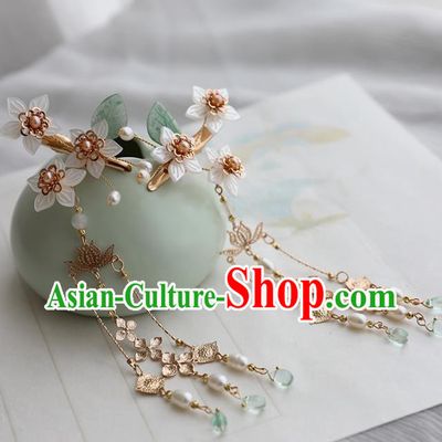 Chinese Ancient Women Shell Flowers Hair Claws Headwear Hairpin Hanfu Pearls Tassel Hair Accessories